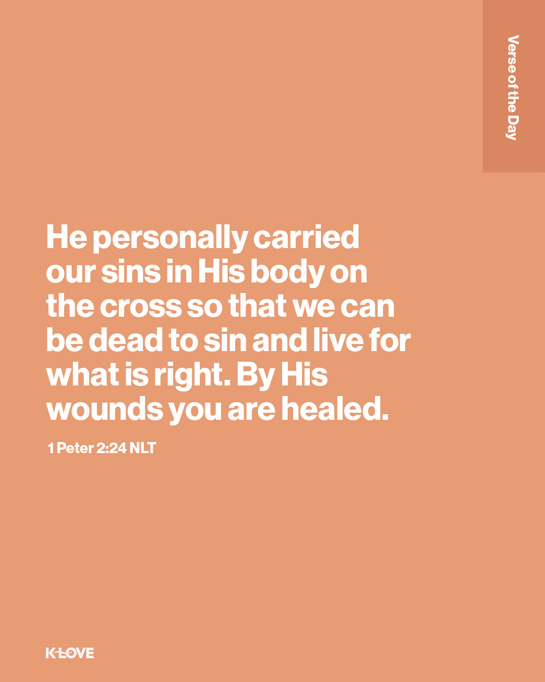 He personally carried our sins in His body on the cross so that we can be dead to sin and live for what is right. By His wounds you are healed.