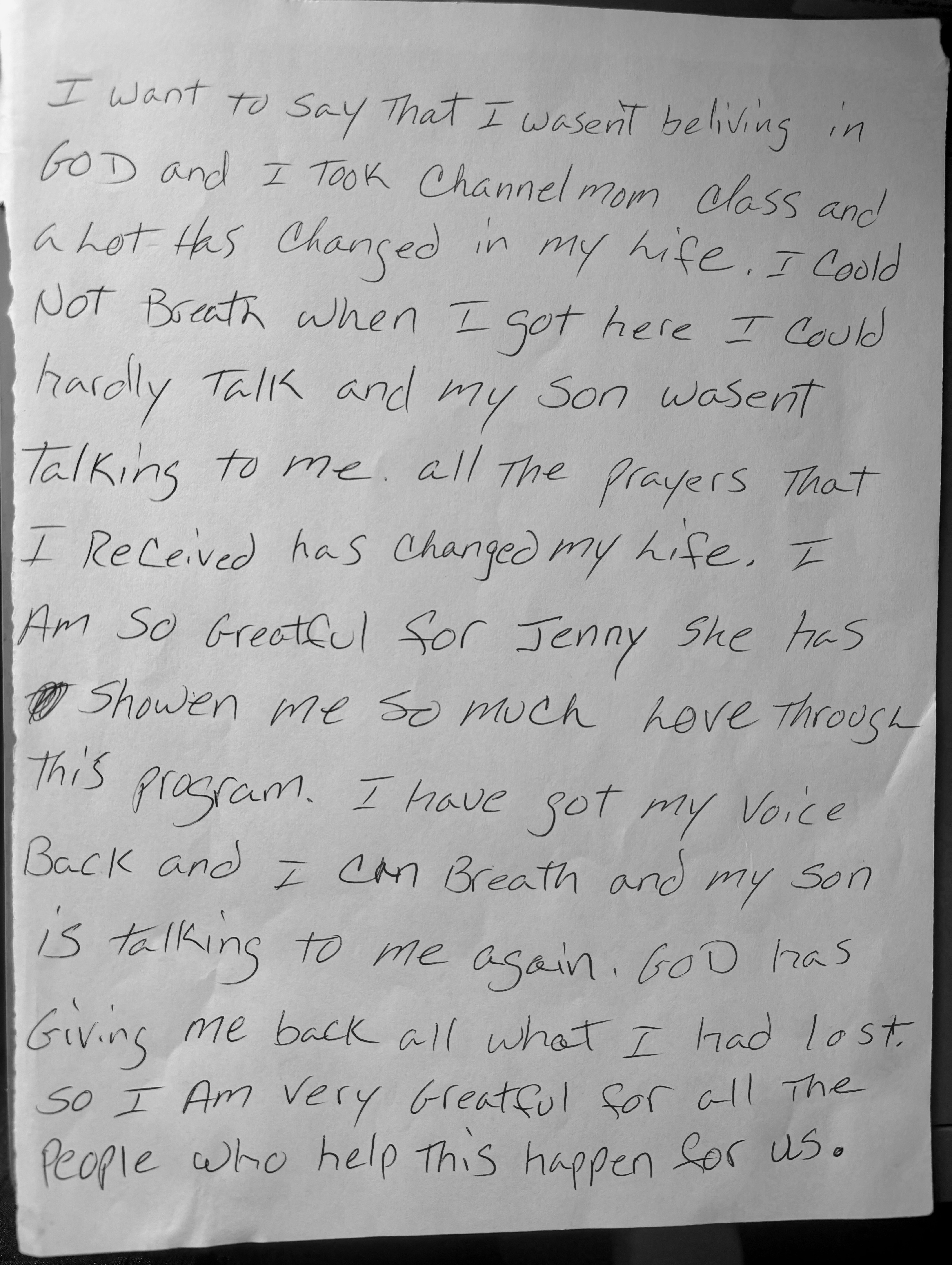 Handwritten thanks from mom in prison to Forever Moms