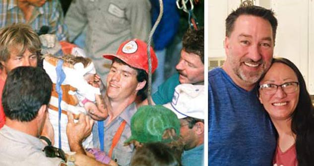 Baby Jessica carried away after rescue, Chip with Jessica all grown up