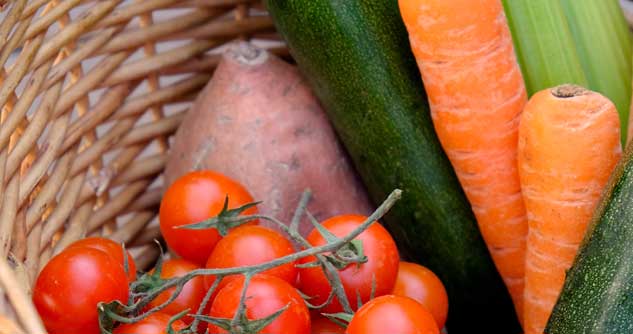 Close-up of garden veggies in a basket
