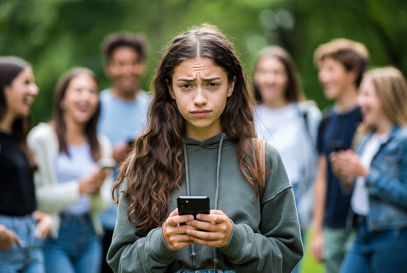 perplexed teen girl with smartphone