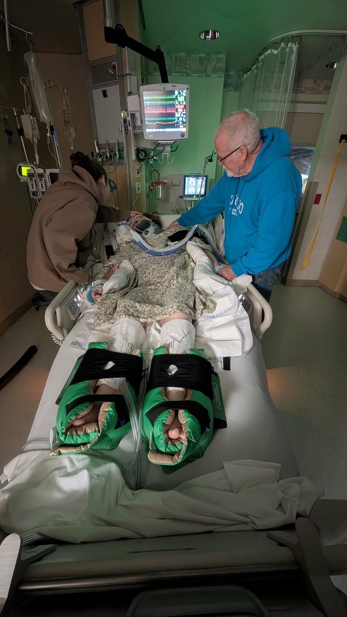 Madison is surrounded by family members in her hospital room following a tragic car accident.