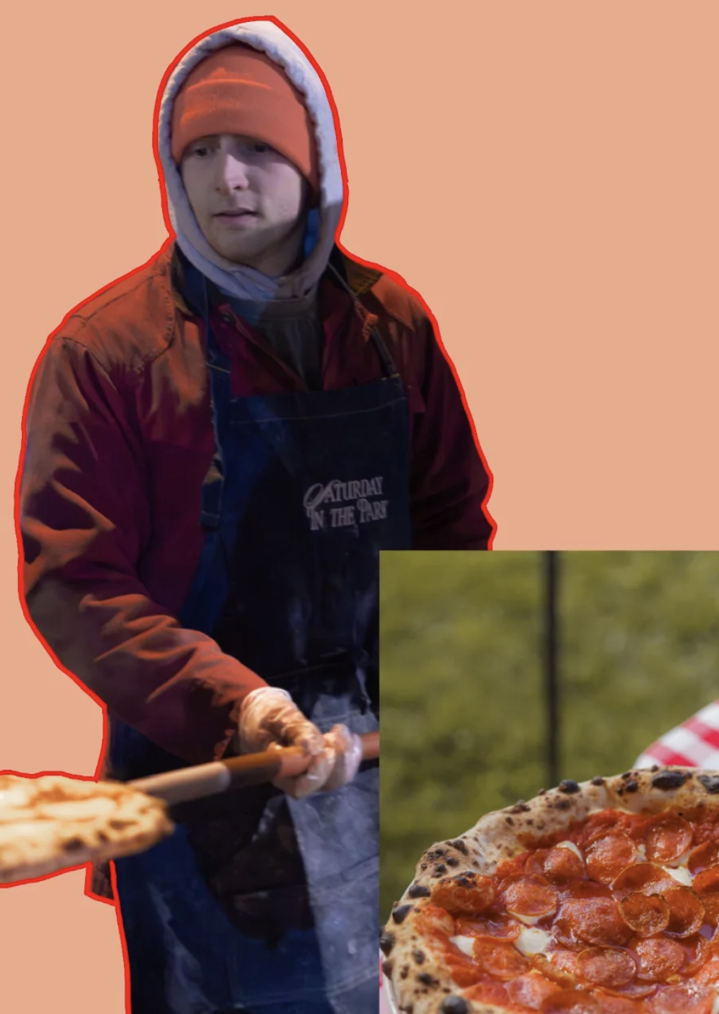 Man with coat and skull cap on with pizza on a flat stick