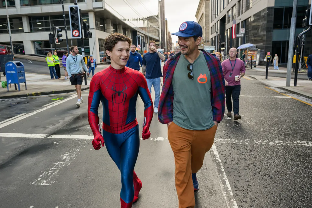 Tom Holland, left, and director Destin Daniel Cretton on the set of "Spider-Man: Brand New Day."