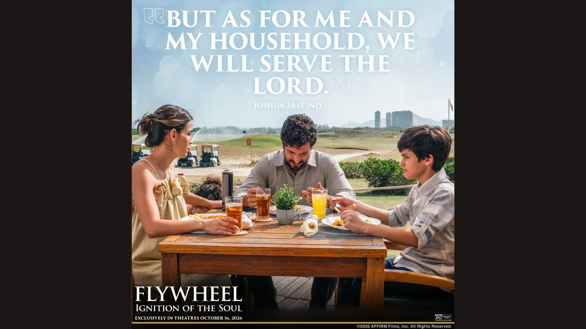 Noah Silva (center) shares a moment with his wife and son in Flywheel: Ignition of the Soul. The film follows a used-car salesman whose encounter with Christ sets him on a journey to restore his integrity, his marriage and his family.