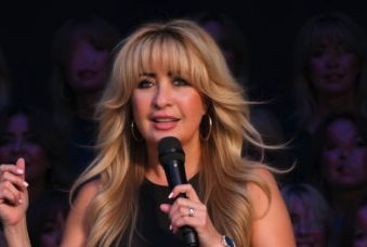 Woman speaking into microphone