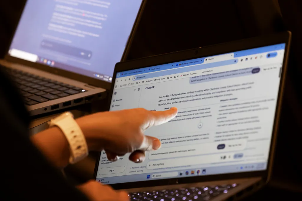 Teachers work with AI on their laptops during the Charleston County School District Charleston Educator Symposium 