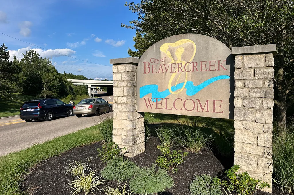 Sign welcomes visitors to Beavercreek, Ohio
