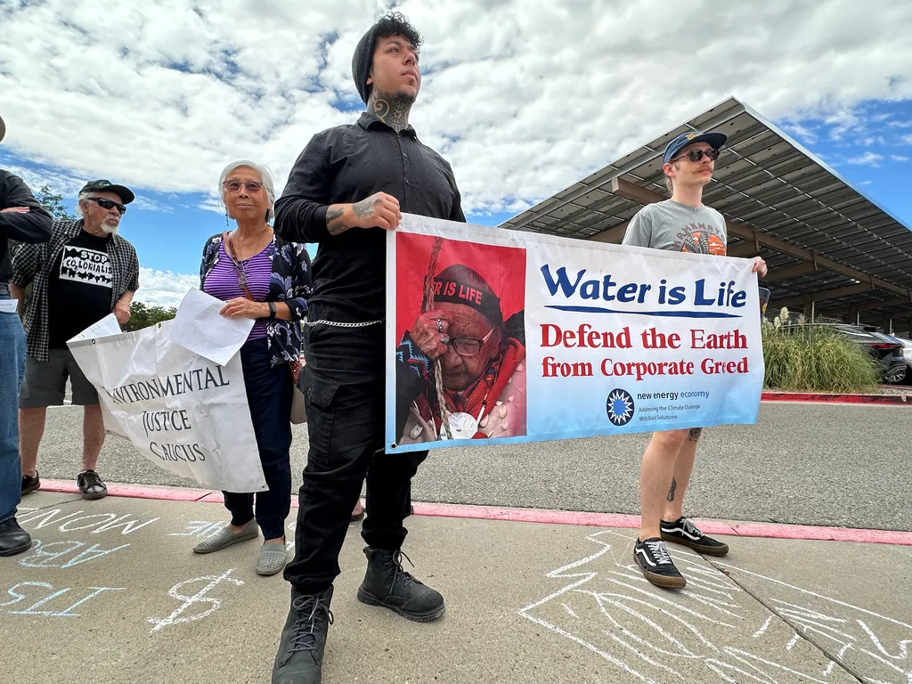 Protesters hold signs in opposition of the Project Jupiter data center during a demonstration outside a state office in Santa Fe, N.M.