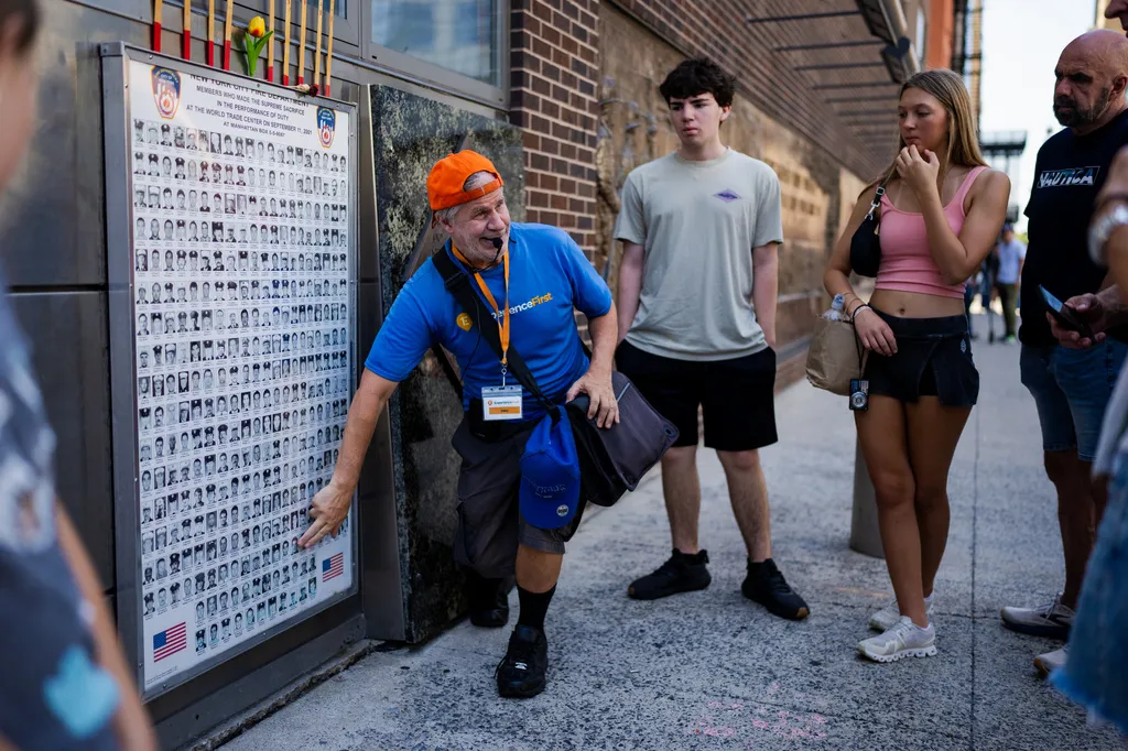 A tour guide talks about Daniel Suhr, the first firefighter to die in the 9/11 attacks on the World Trade Center
