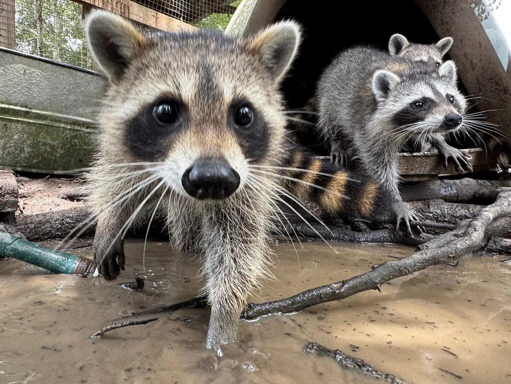A raccoon kit digs through water and mud at Woodside Wildlife Rescue in Pass Christian, Miss.