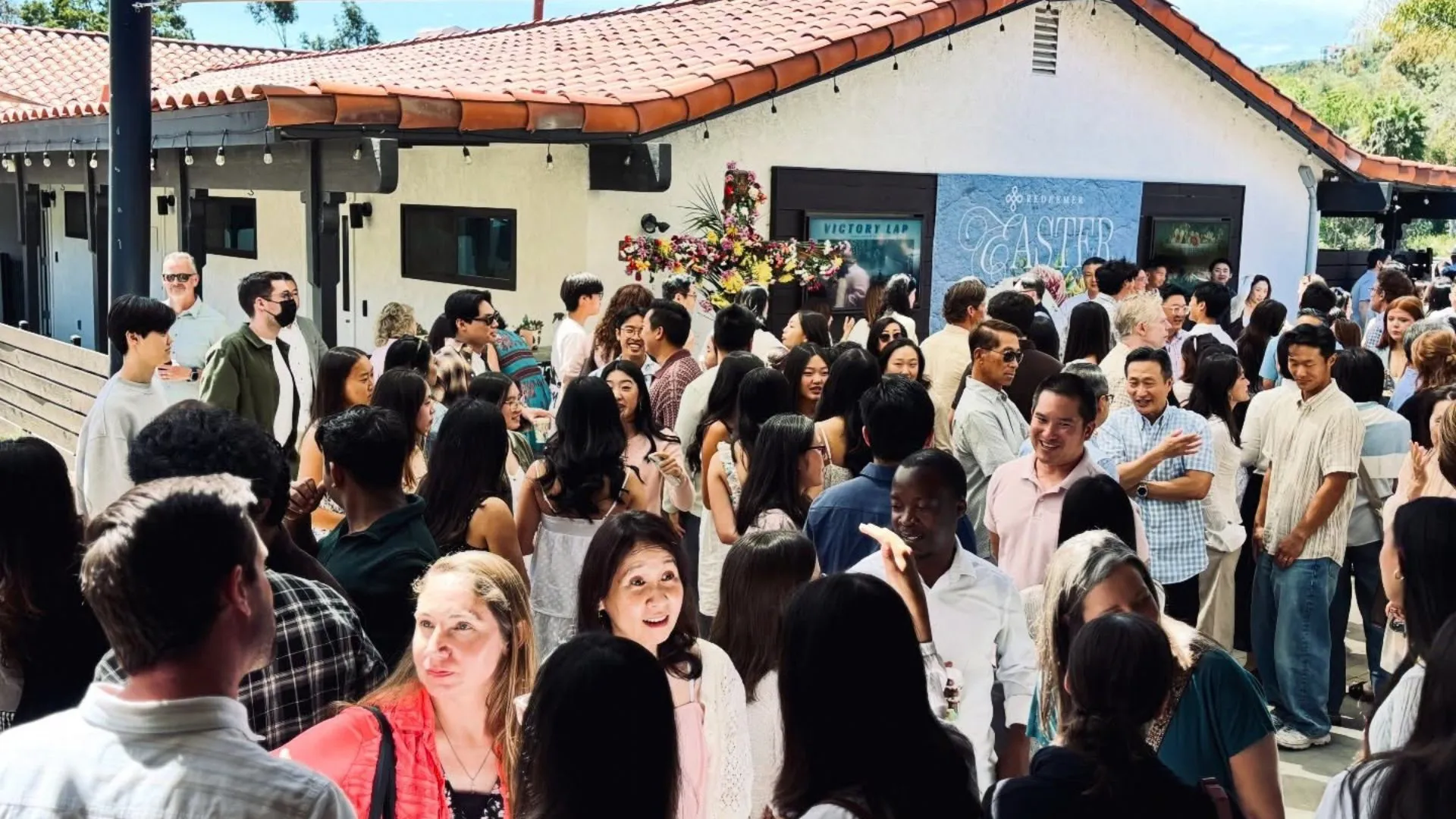 Churchgoers gather outside during Easter services at Redeemer Encinitas.