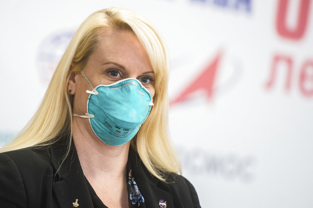NASA astronaut Kate Rubins during a news conference prior to her launch from the Baikonur Cosmodrome at the Gagarin Cosmonaut Training Center (GCTC) in Star City, Russia