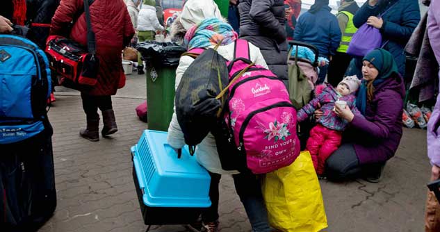 Refugee crowds, woman carries pet carrier, toddler looks at camera.