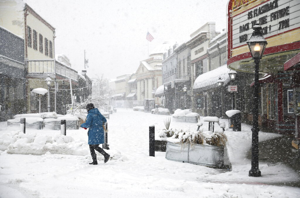 A pedestrian carries her dog in downtown Grass Valley, Calif.