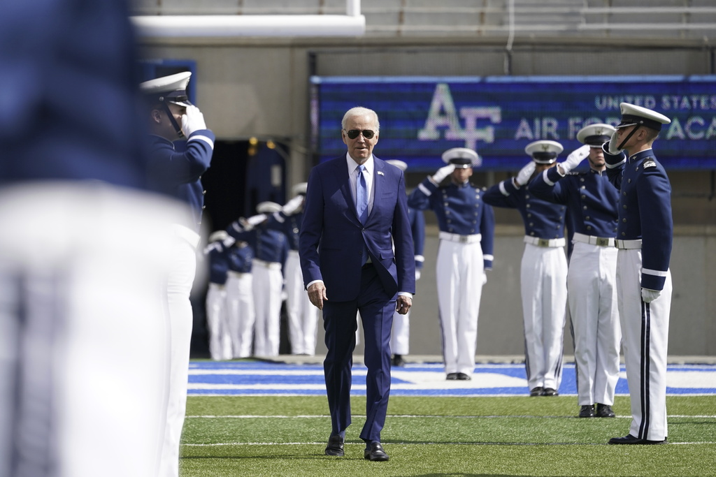 President Joe Biden arrives to the 2023 United States Air Force Academy Graduation Ceremony at Falcon Stadium, Thursday, June 1, 2023, at the United States Air Force Academy in Colorado Springs, Colo.