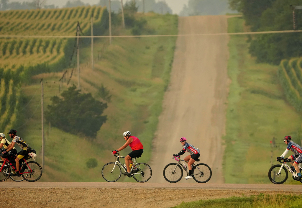Cyclists make their way along the route in Woodbury County during RAGBRAI (Register’s Annual Great Bicycle Ride Across Iowa)