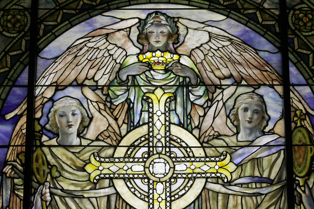 A detail of "The Righteous Shall Receive a Crown of Glory," Brainard Memorial Window for Methodist Church, Waterville, New York, ca. 1901 is photographed while on display at the "Louis C. Tiffany and the Art of Devotion" exhibit at the Museum of Biblical Art in New York