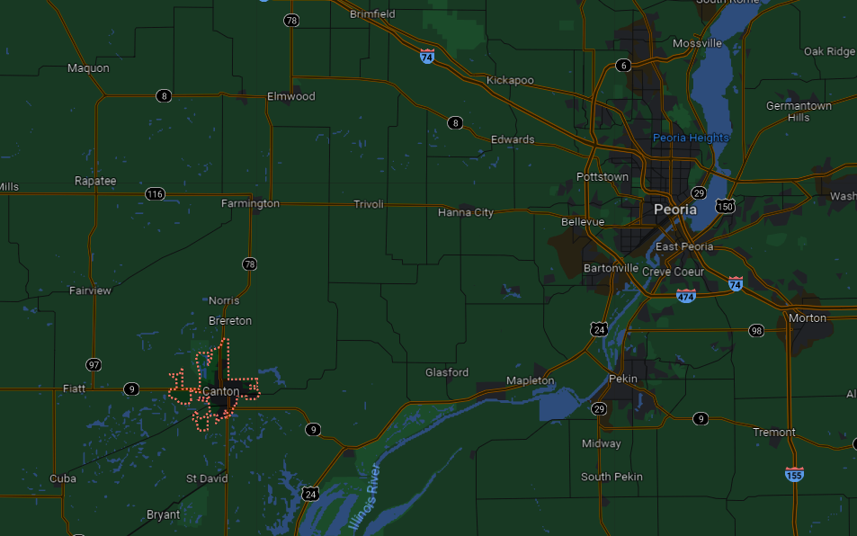 map Canton, Illinois - Population 13,403. Located 195 miles SW of Chicago.
