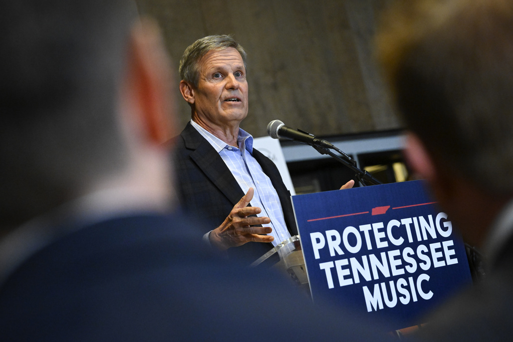Tennessee Governor Bill Lee speaks during a news conference at RCA Records, Nashville