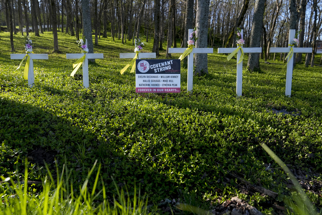 Roadside memorial is seen near the Covenant School in Nashville, Tenn