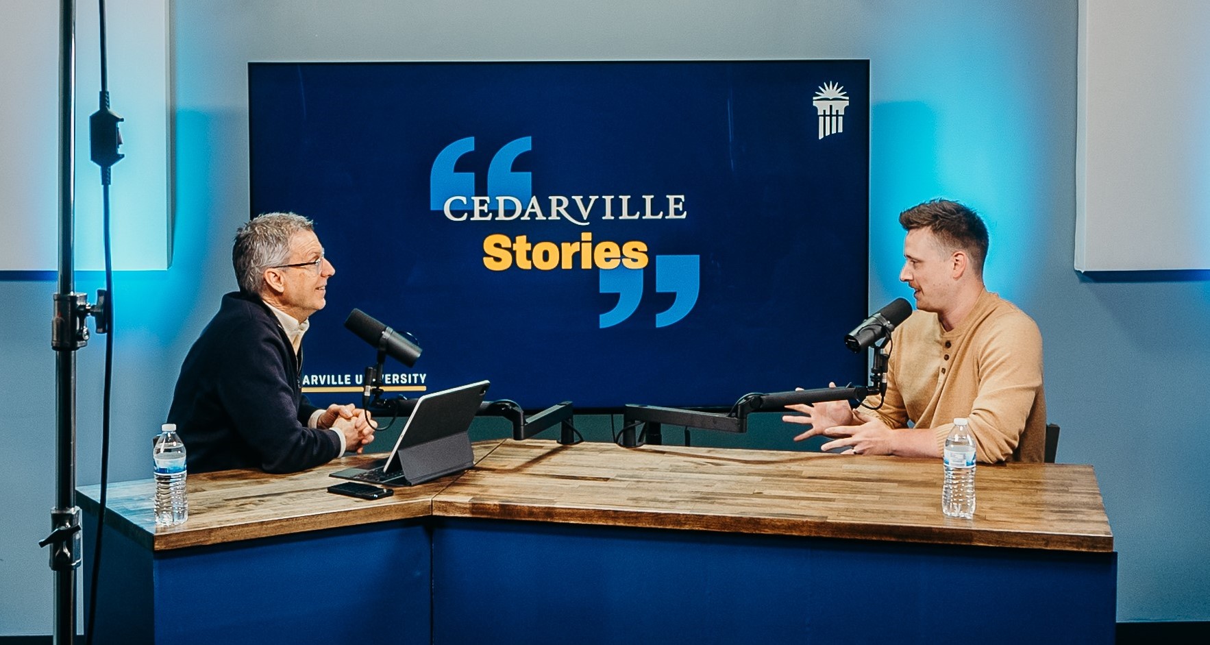 Parker Adams, right, talks with Cedarville University