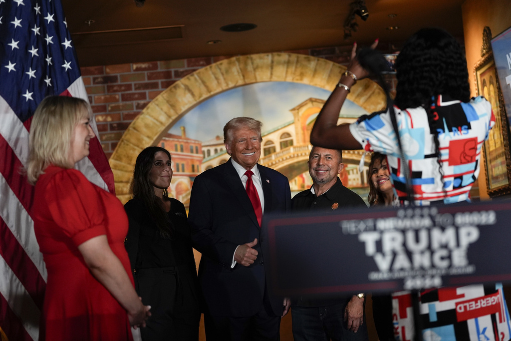 Republican presidential nominee former President Donald Trump poses for a photo at a campaign event at ll Toro E La Capra in Las Vegas